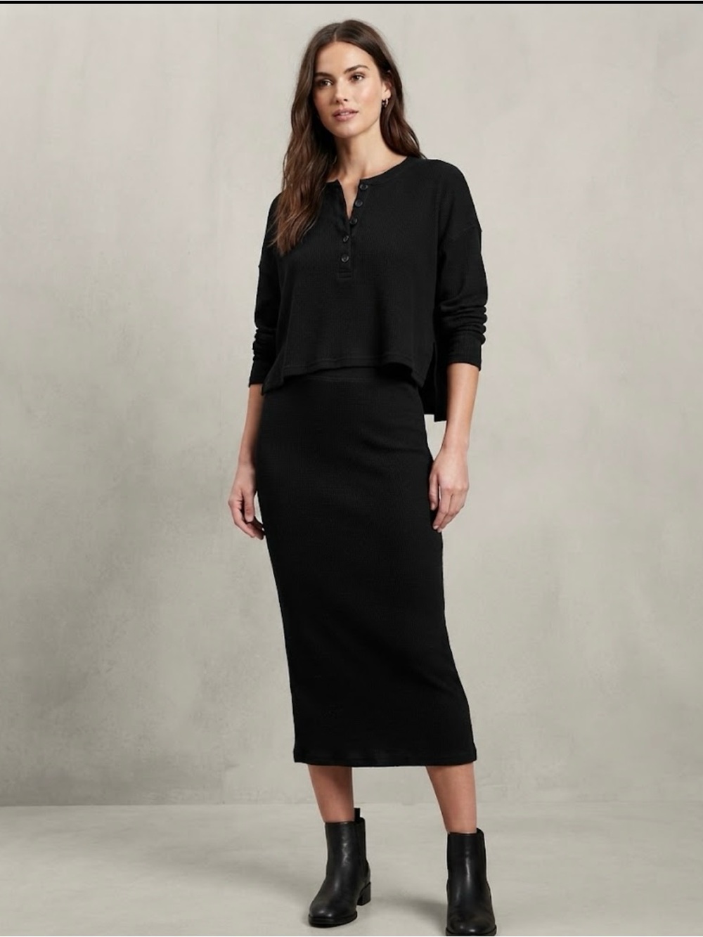 Express waffle knit set: L crop henley and M midi skirt